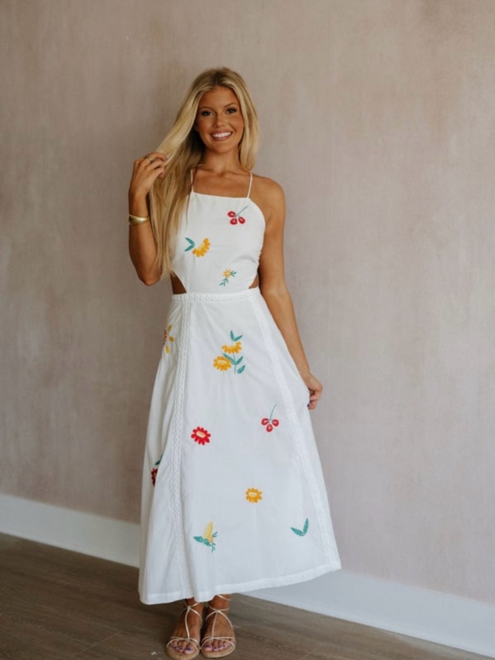 White Floral Embroidered Halter Maxi Dress